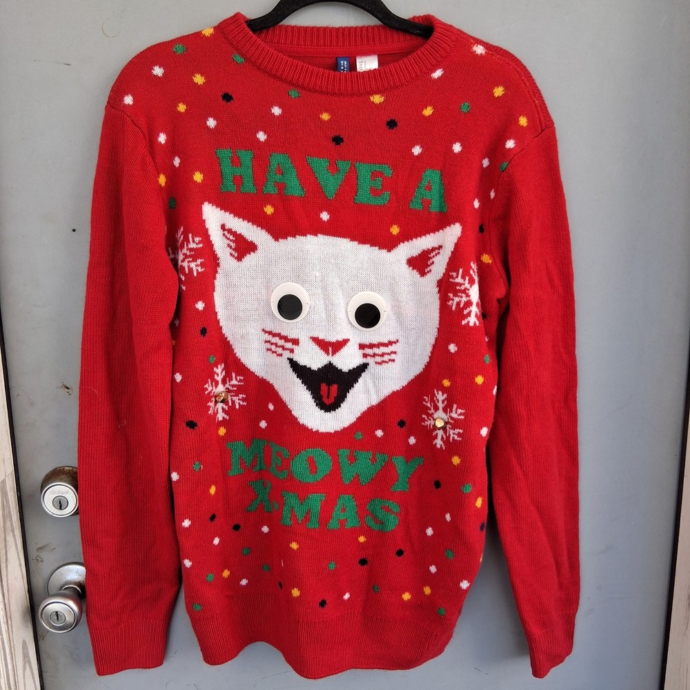H&M Divided Meowy Xmas Cat Ugly Christmas Sweater Red Googly Eyes Small